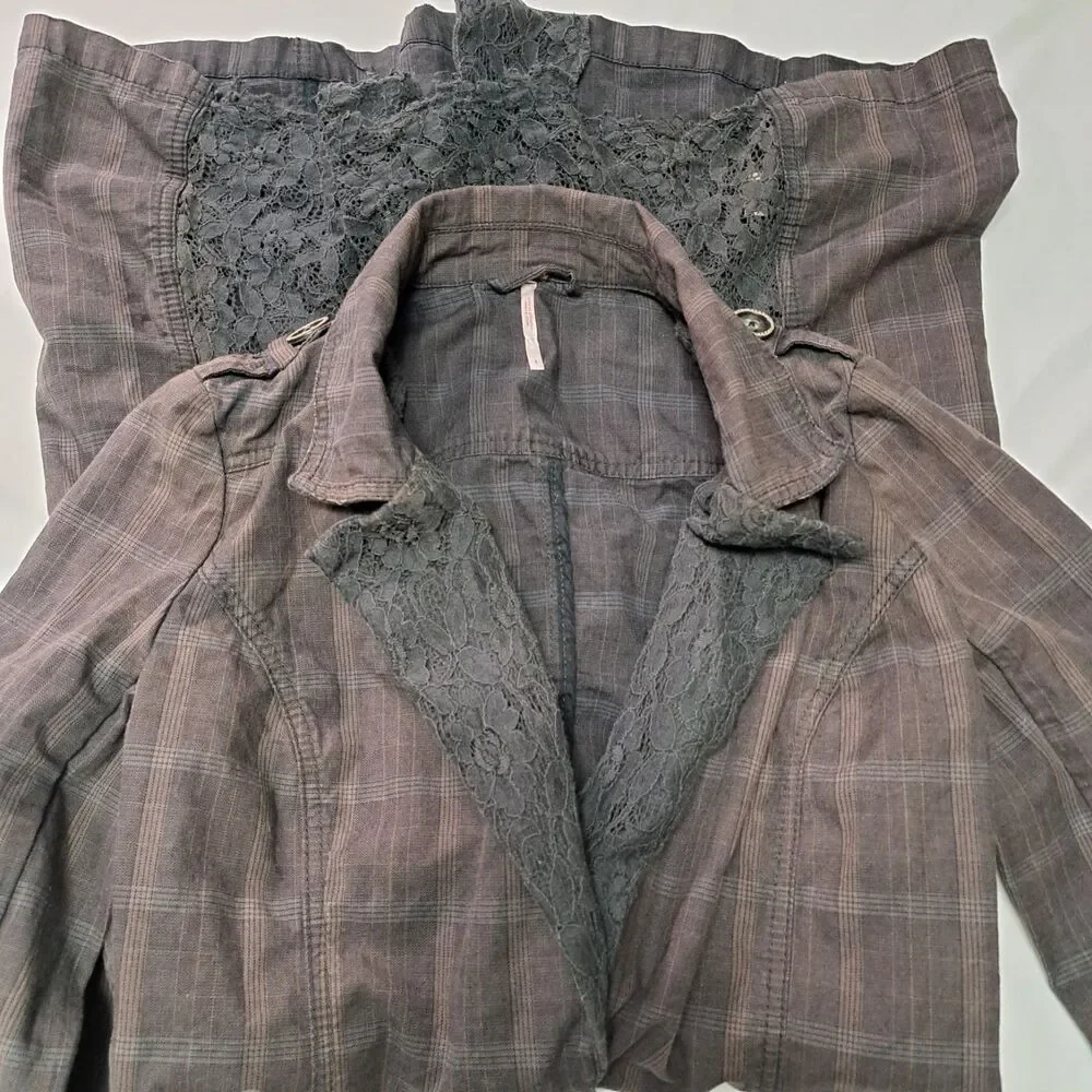 Free People‎ Plaid Gray Duster Trench Coat Women’s 4 Grunge Steampunk Victorian